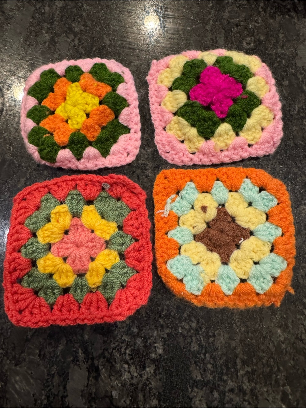 Handmade Crochet Granny Square Coasters - Pink, Orange, Green, Yellow